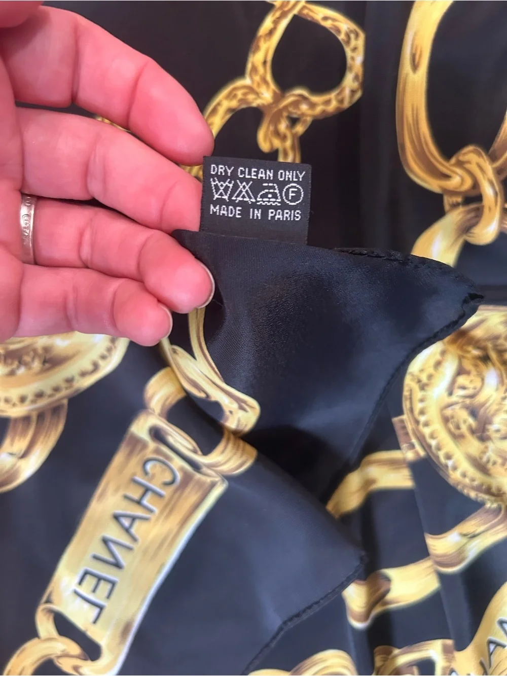 CHANEL Black and Gold Silk Scarf with Chain Motif